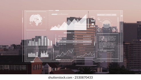 Image of financial data processing over cityscape. Global business, finances, computing and data processing concept digitally generated image.