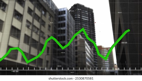 Image of financial data processing over cityscape. Global business, finances, computing and data processing concept digitally generated image.