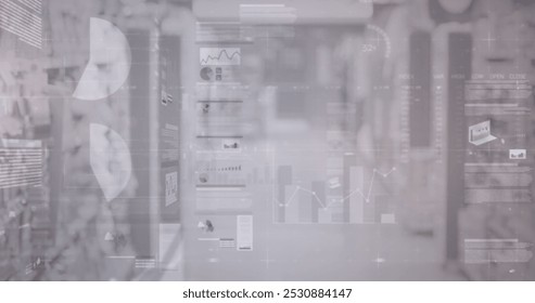 Image of financial data processing over shop interiors. global shopping, connections, business, digital interface, technology and networking concept digitally generated image. - Powered by Shutterstock