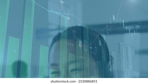 Image of financial data processing over asian businesswoman using phone headset in office. Global business and digital interface concept digitally generated image. - Powered by Shutterstock