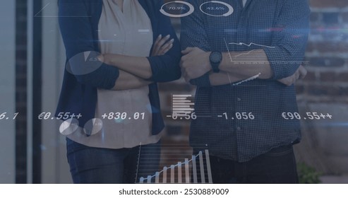 Image of financial data processing over people wearing face masks. global business, finances, connections and digital interface during covid 19 pandemic concept digitally generated image.
