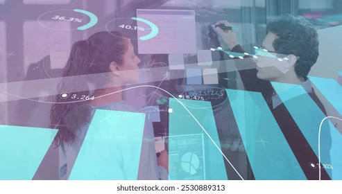 Image of financial data processing over business people talking in office. global business, finances, connections and digital interface concept digitally generated image.