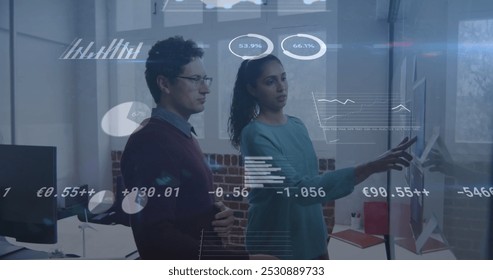 Image of financial data processing over business people talking in office. global business, finances, connections and digital interface concept digitally generated image.