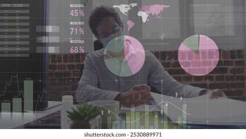 Image of financial data processing over businessman wearing face mask. global business, finances, connections and digital interface during covid 19 pandemic concept digitally generated image. - Powered by Shutterstock