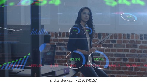 Image of financial data processing over businesswoman using tablet in office. global business, finances, connections and digital interface concept digitally generated image. - Powered by Shutterstock - Get 15% off with code: PIKWIZARD15