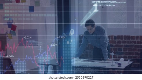 Image of financial data processing over businessman in office. global business, finances, connections and digital interface concept digitally generated image.