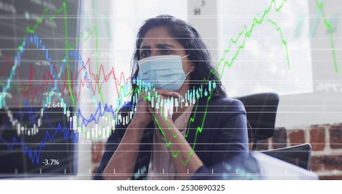 Image of financial data processing over businesswoman wearing face mask. global business, finances, connections and digital interface during covid 19 pandemic concept digitally generated image. - Powered by Shutterstock