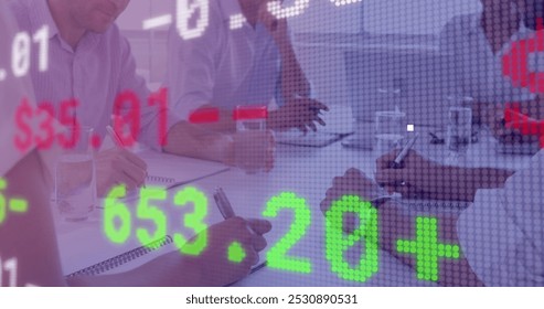 Image of financial data processing over business people during meeting in office. global business, finances, connections and digital interface concept digitally generated image.
