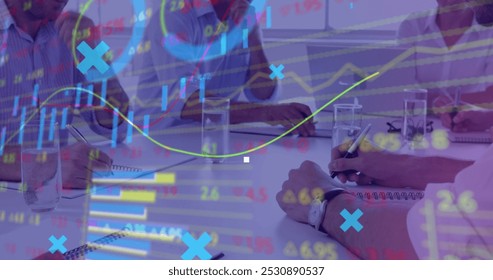 Image of financial data processing over business people during meeting in office. global business, finances, connections and digital interface concept digitally generated image. - Powered by Shutterstock - Get 15% off with code: PIKWIZARD15