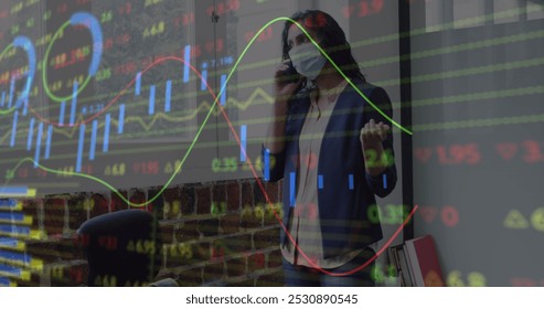 Image of financial data processing over businesswoman wearing face mask. global business, finances, connections and digital interface during covid 19 pandemic concept digitally generated image. - Powered by Shutterstock