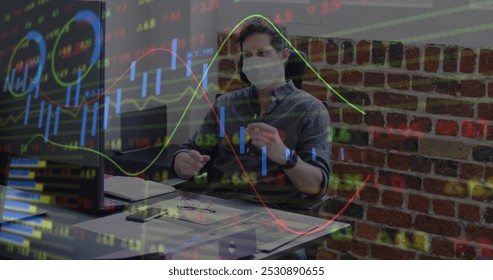 Image of financial data processing over businessman wearing face mask. global business, finances, connections and digital interface during covid 19 pandemic concept digitally generated image. - Powered by Shutterstock