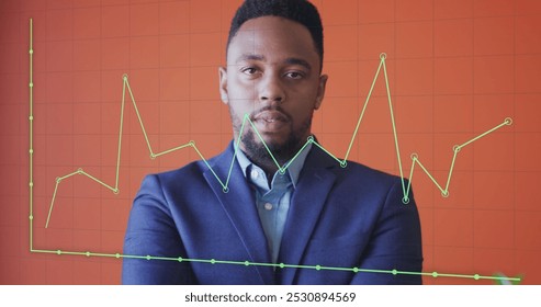 Image of financial data processing over african american businessman smiling. Global business, finances and digital interface concept digitally generated image. - Powered by Shutterstock