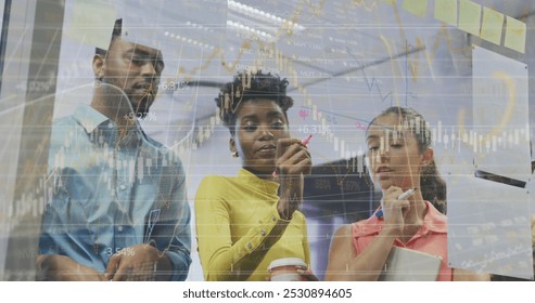 Image of financial data processing over diverse business people having meeting at office. Global business, finances and digital interface concept digitally generated image. - Powered by Shutterstock