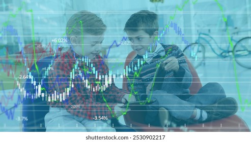 Image of financial data processing over two boys using digital tablets. Education business finance network interface concept digital composite.