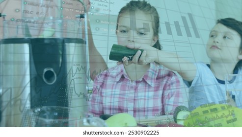 Image of financial data processing over schoolchildren and female teacher during cookery class. Education business social media network interface concept digital composite. - Powered by Shutterstock