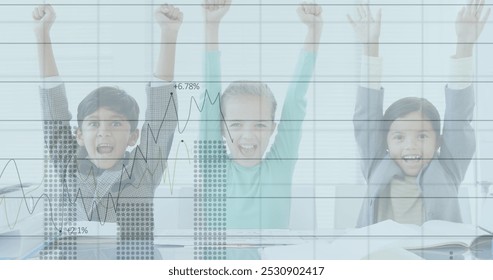 Image of financial data processing over portrait of happy schoolchildren cheering with arms in the air. Education business social media network interface concept digital composite. - Powered by Shutterstock - Get 15% off with code: PIKWIZARD15