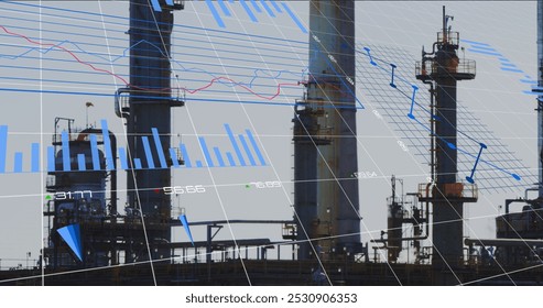 Image of financial data processing over factory. Global business, finance, data processing and digital interface concept digitally generated image.