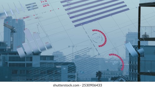 Image of financial data processing over cityscape. Global business, finance, data processing and digital interface concept digitally generated image.