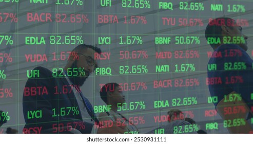 Image of financial data processing over business people at conference. global business, data processing and digital interface concept digitally generated image.