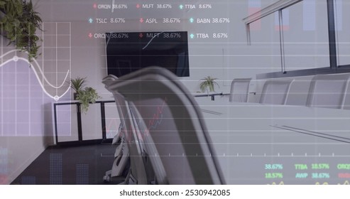 Image of financial data processing over working in office. Global business, finance, computing and data processing concept digitally generated image.
