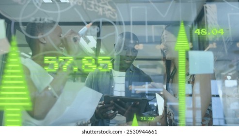 Image of financial data processing over diverse businesspeople working in office. Global business, finance, computing and data processing concept digitally generated image. - Powered by Shutterstock - Get 15% off with code: PIKWIZARD15