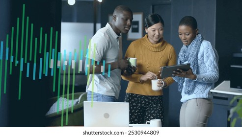 Image of financial data processing over diverse businesspeople working in office. Global business, finance, computing and data processing concept digitally generated image.