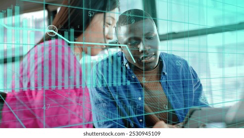Image of financial data processing over diverse businesspeople working in office. Global business, finance, computing and data processing concept digitally generated image.