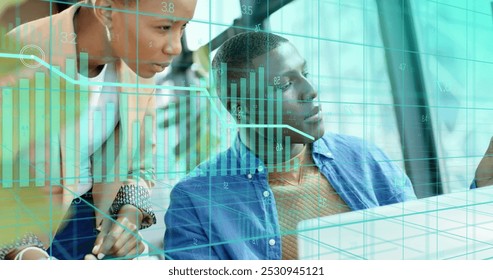 Image of financial data processing over diverse businesspeople working in office. Global business, finance, computing and data processing concept digitally generated image.