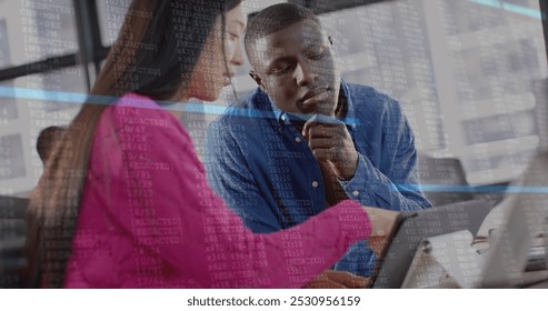 Image of financial data processing over diverse businesspeople working in office. Global business, finance, computing and data processing concept digitally generated image.