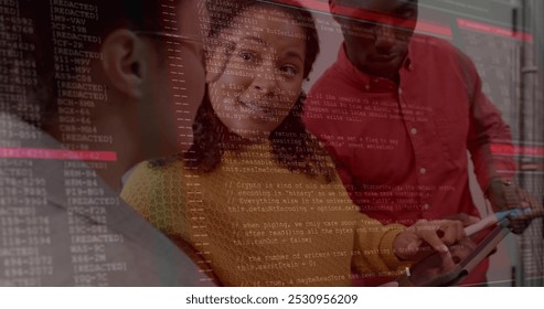 Image of financial data processing over diverse business people in office. Global business, finance, computing and data processing concept digitally generated image.
