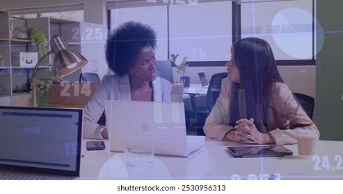 Image of financial data processing over diverse business people in office. Global business, finance, computing and data processing concept digitally generated image.