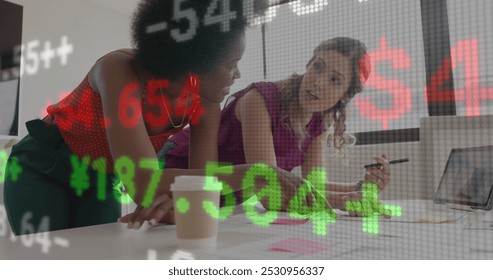 Image of financial data processing over diverse business people in office. Global business, finance, computing and data processing concept digitally generated image.
