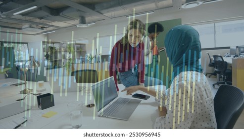 Image of financial data processing over diverse business people in office. Global business, finance, computing and data processing concept digitally generated image.