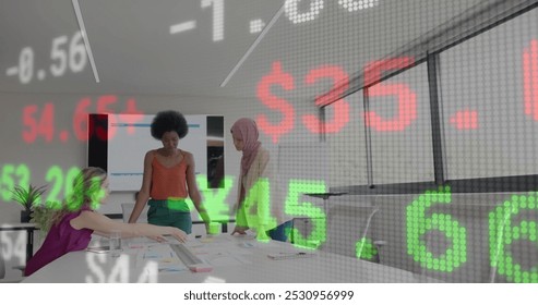Image of financial data processing over diverse business people in office. Global business, finance, computing and data processing concept digitally generated image.