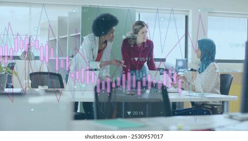 Image of financial data processing over diverse business people in office. Global business, finance, computing and data processing concept digitally generated image.