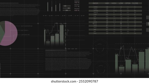 Image of financial data processing over dark background. Global finance, business, connections, computing and data processing concept digitally generated image.
