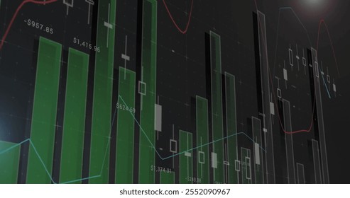 Image of financial data processing over dark background. Global finance, business, connections, computing and data processing concept digitally generated image.