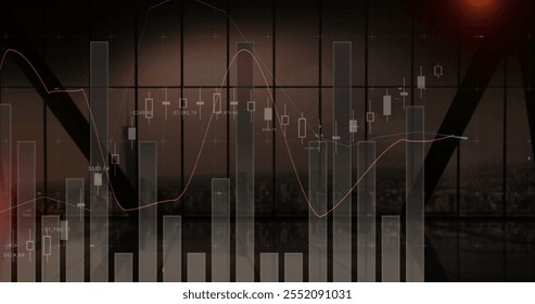 Image of financial data processing over city. Global finance, business, connections, computing and data processing concept digitally generated image.