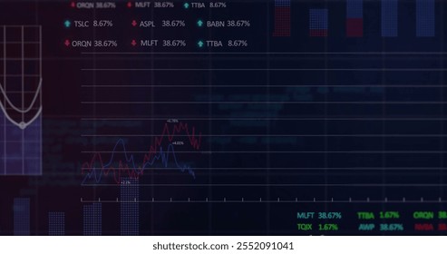 Image of financial data processing over dark background. Global finance, business, connections, computing and data processing concept digitally generated image.
