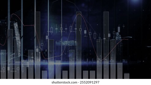 Image of financial data processing over dark background. Global finance, business, connections, computing and data processing concept digitally generated image.