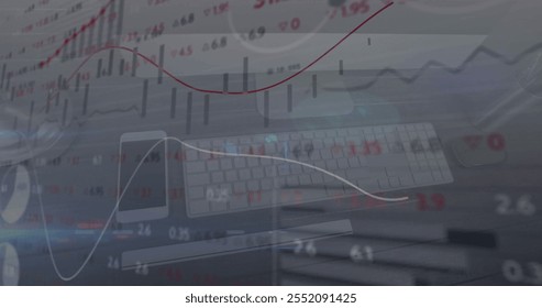 Image of financial data processing over smartphone and computer on desk. Global finance, business, connections, computing and data processing concept digitally generated image.