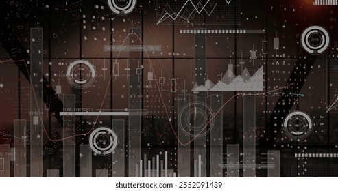 Image of financial data processing over dark background. Global finance, business, connections, computing and data processing concept digitally generated image.