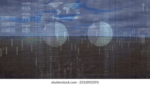 Image of financial data processing over landscape background. Global finance, business, connections, computing and data processing concept digitally generated image.