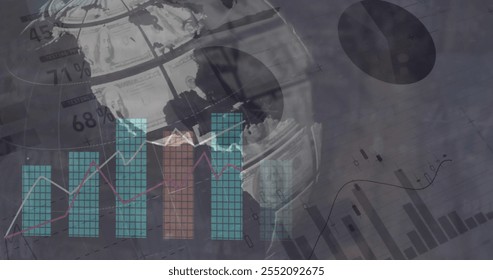 Image of financial data processing over globe on grey background. Global finance, business, connections, computing and data processing concept digitally generated image.