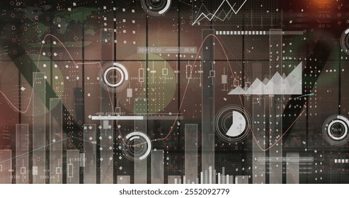 Image of financial data processing over dark background. Global finance, business, connections, computing and data processing concept digitally generated image.