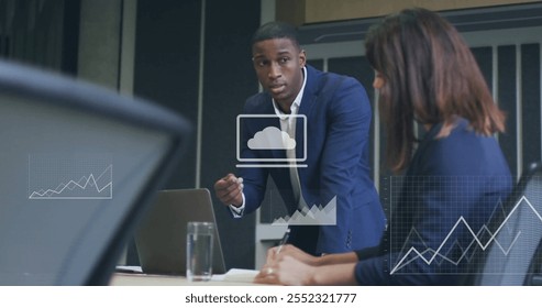 Image of financial data processing over diverse business people in office. Global finance, business, connections, computing and data processing concept digitally generated image.