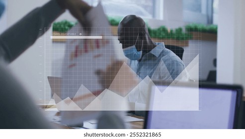 Image of financial data processing over diverse business people in face masks in office. Global virus, business, connections, computing and data processing concept digitally generated image. - Powered by Shutterstock