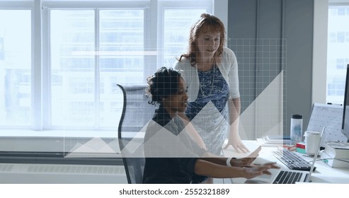 Image of financial data processing over diverse business people in office. Global finance, business, connections, computing and data processing concept digitally generated image.