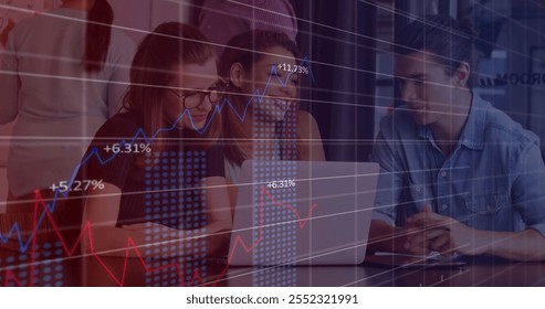 Image of financial data processing over diverse colleagues discussing work in office. Global business, finances, computing and digital interface concept digitally generated image.