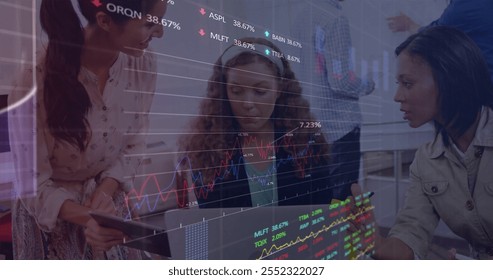Image of financial data processing over diverse colleagues discussing work in office. Global business, finances, computing and digital interface concept digitally generated image.